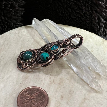 chrysocolla statement pendant wrapped in darkened copper with multiple stones and faceted bead accents, handmade artistic crystal necklace