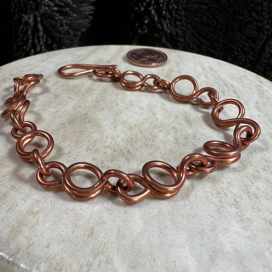 Handmade copper link bracelet with flowing loop design and hook clasp, Mother of Metal jewelry