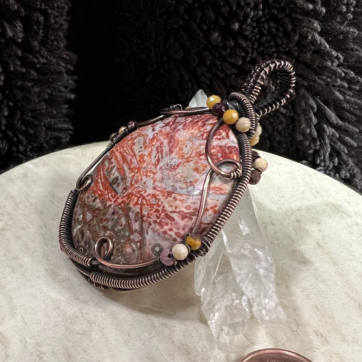 crazy lace agate pendant wrapped in darkened copper with red and cream swirling patterns and mookaite bead accents, handmade statement necklace