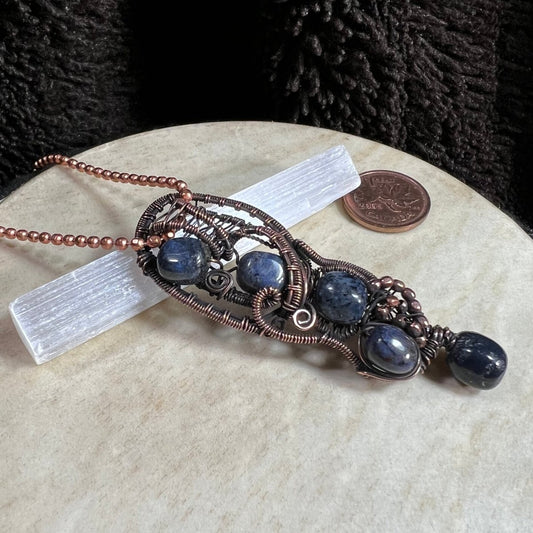 dumortierite pendant with deep blue stone and copper wire wrap handmade OOAK jewelry