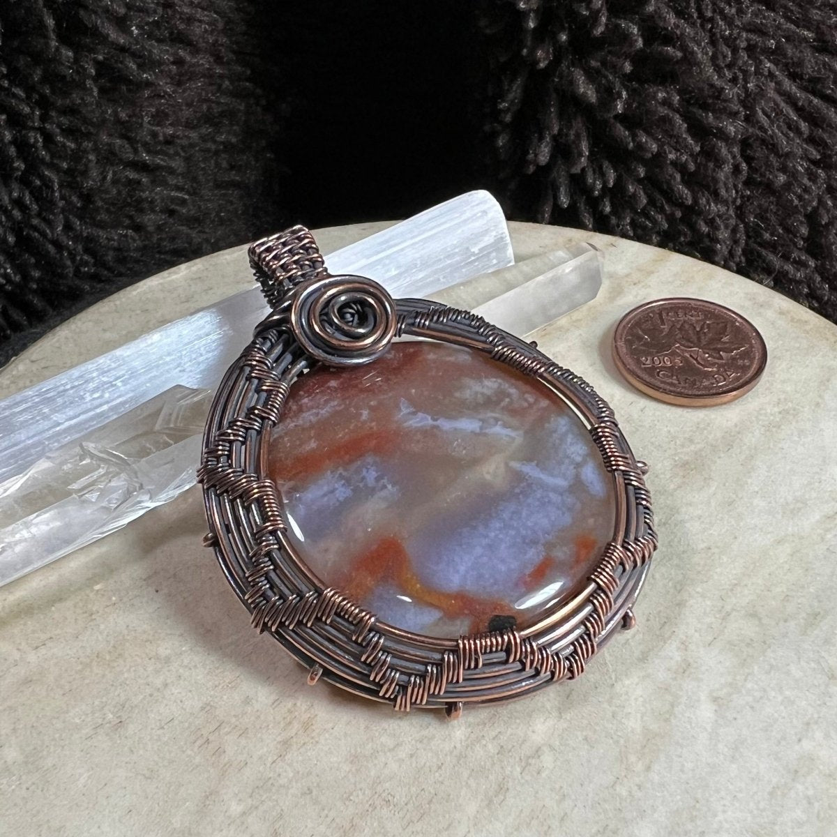 flower agate pendant with peach and white blossom patterns wrapped in patinated copper handmade OOAK jewelry