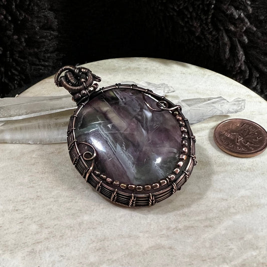 fluorite pendant wrapped in patinated copper with purple and green banded stone and copper bead accents, handmade OOAK jewelry