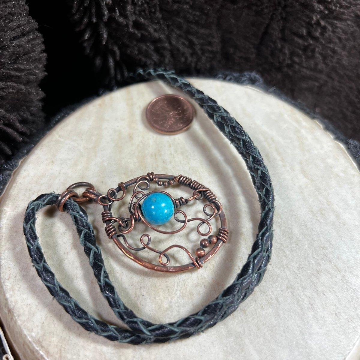Freeform copper wire pendant necklace with turquoise blue dyed magnesite bead, handmade Mother of Metal jewelry