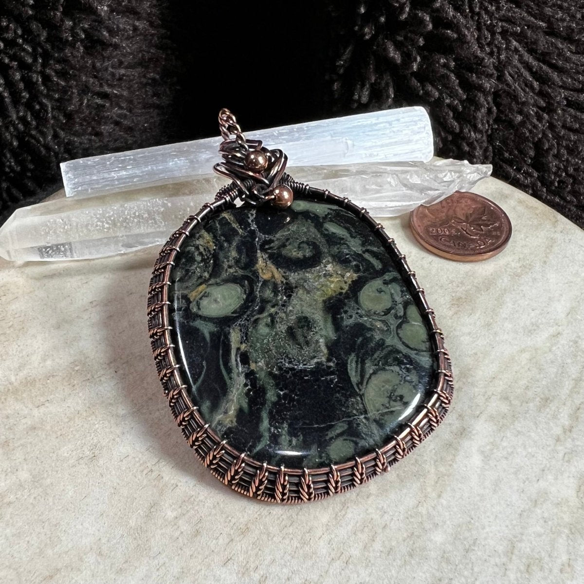 kambaba jasper pendant with dark green orb patterns wrapped in patinated copper handmade OOAK jewelry
