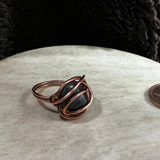 larvikite ring size 9 wrapped in reclaimed copper with dark stone and subtle silver flash, handmade black labradorite style statement ring