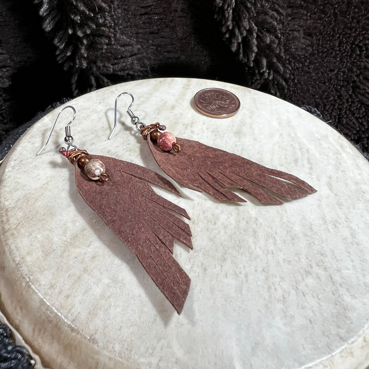 Leopardskin Jasper Suede Feather Earrings - Mother Of Metal - Copper - earrings - For Ears - Earrings