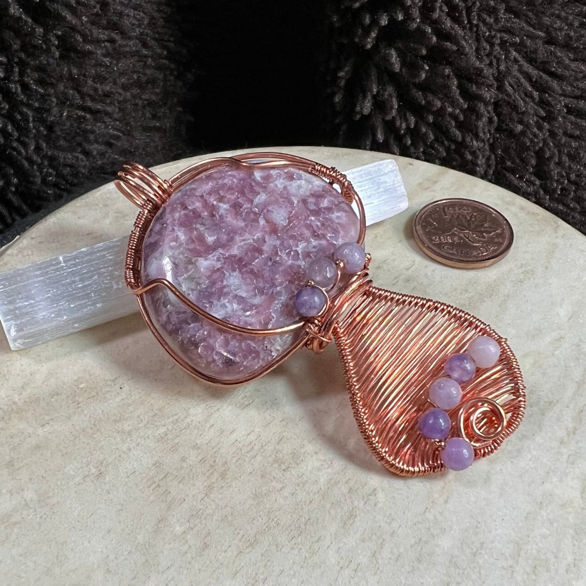 lepidolite mushroom pendant with soft purple stone and copper wire wrap handmade OOAK jewelry