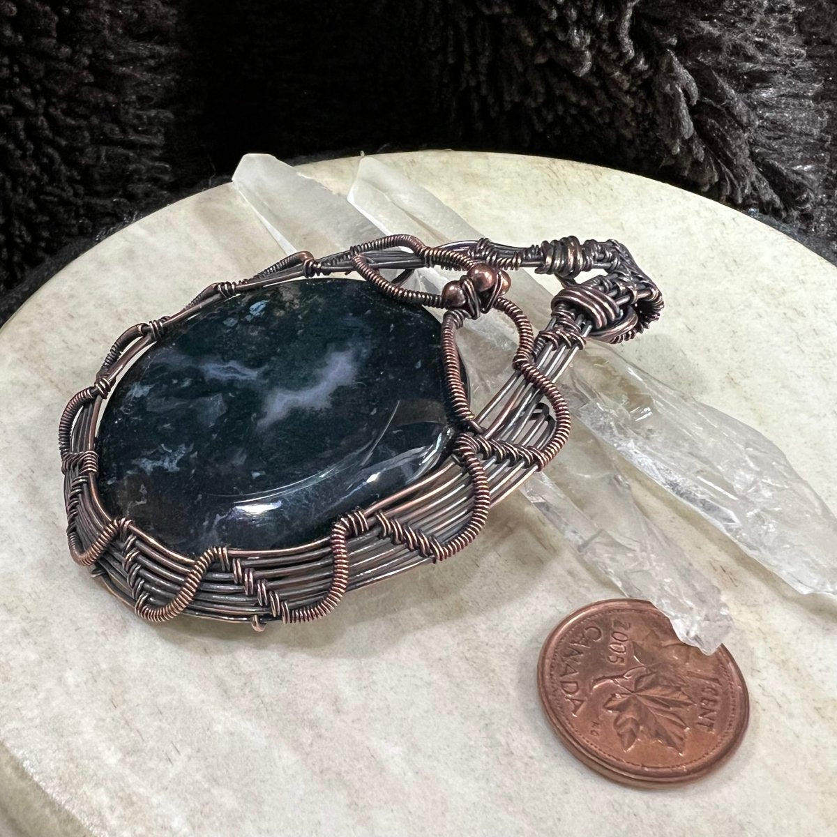moss agate pendant with deep green stone wrapped in patinated copper handmade OOAK forest-inspired jewelry