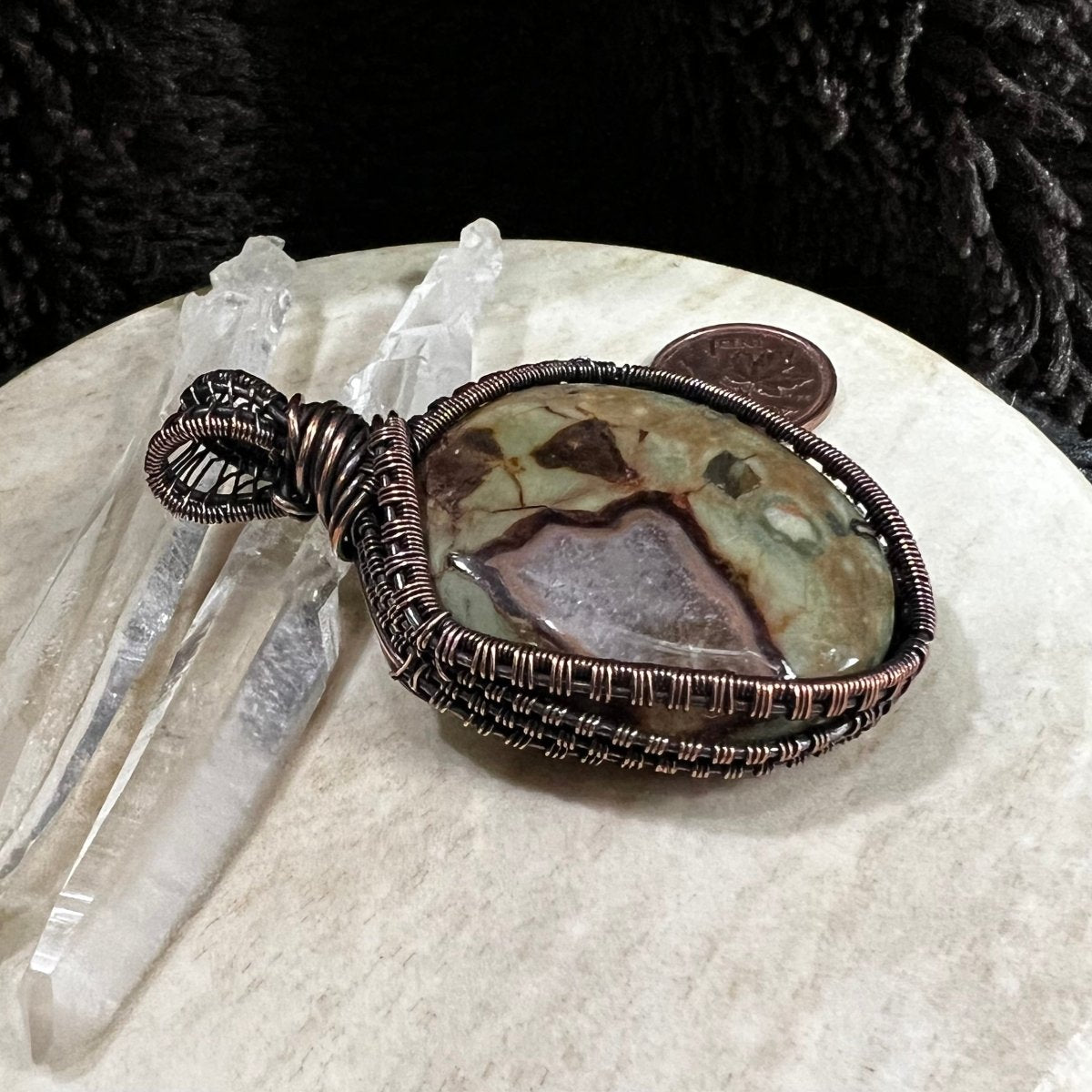 Back view showing druzy pocket in ocean jasper with natural crystal sparkle
