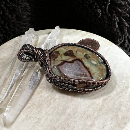 Back view showing druzy pocket in ocean jasper with natural crystal sparkle