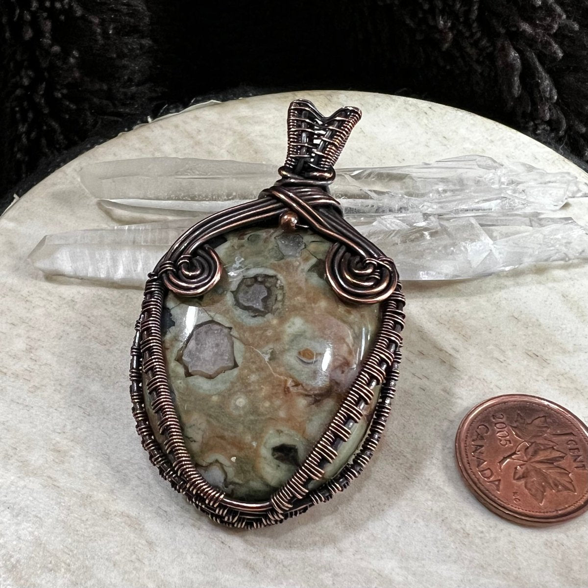 ocean jasper pendant with orb patterns wrapped in patinated copper handmade OOAK gemstone jewelry