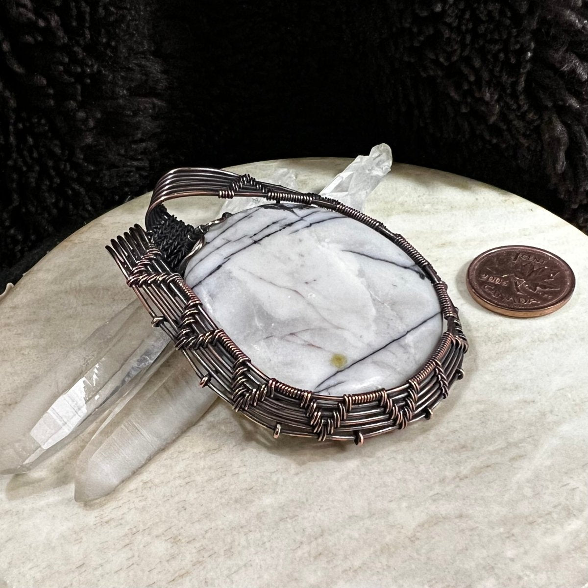 picasso jasper pendant wrapped in patinated copper with grey stone and black veining, handmade OOAK grounding jewelry