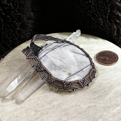 picasso jasper pendant wrapped in patinated copper with grey stone and black veining, handmade OOAK grounding jewelry