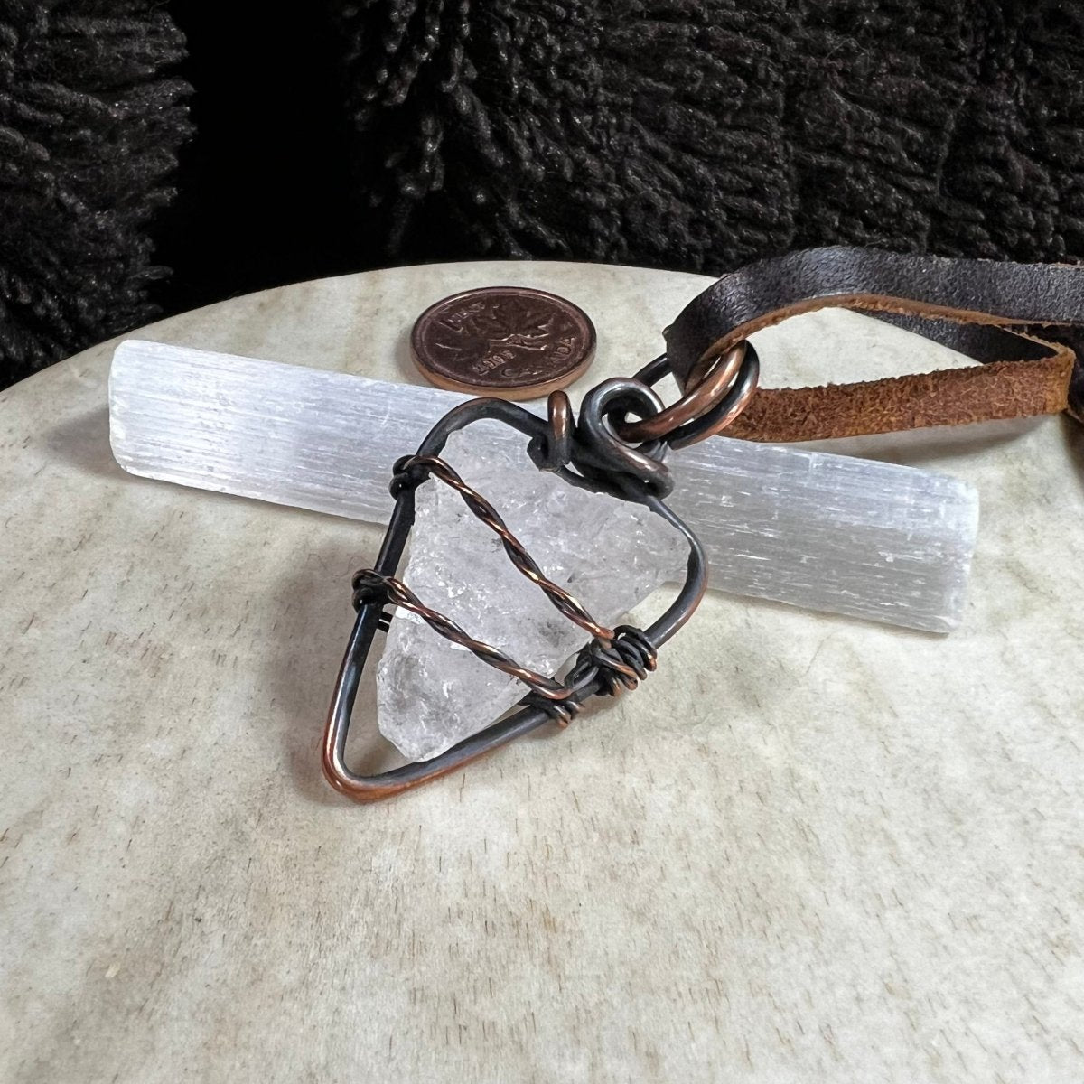 Raw morganite crystal pendant wrapped in reclaimed copper on leather cord, handmade Mother of Metal jewelry