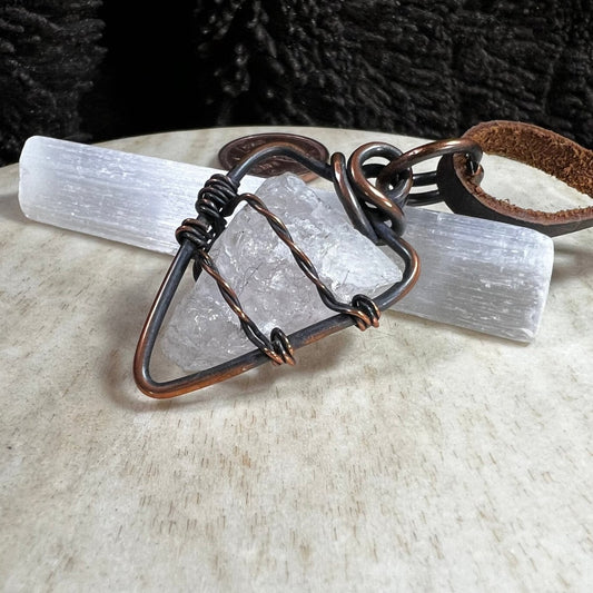 Handcrafted raw morganite crystal necklace on leather cord, Mother of Metal artisan jewelry