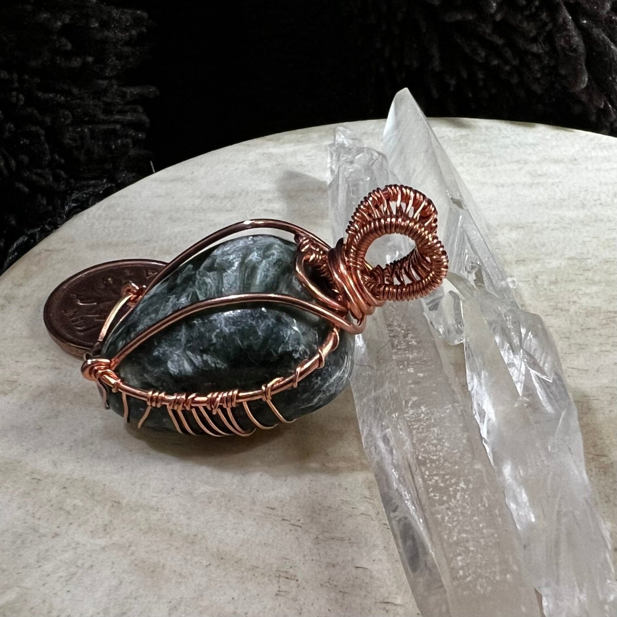 Seraphinite crystal pendant in reclaimed copper with deep green feather patterns, handmade heart chakra healing necklace, one of a kind artisan jewelry