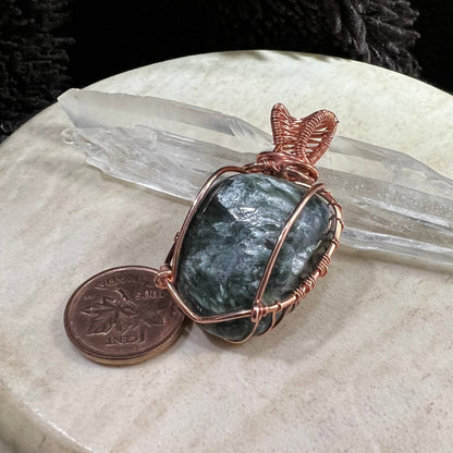 Seraphinite crystal pendant in reclaimed copper with deep green feather patterns, handmade heart chakra healing necklace, one of a kind artisan jewelry