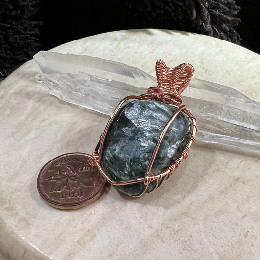 Seraphinite crystal pendant in reclaimed copper with deep green feather patterns, handmade heart chakra healing necklace, one of a kind artisan jewelry