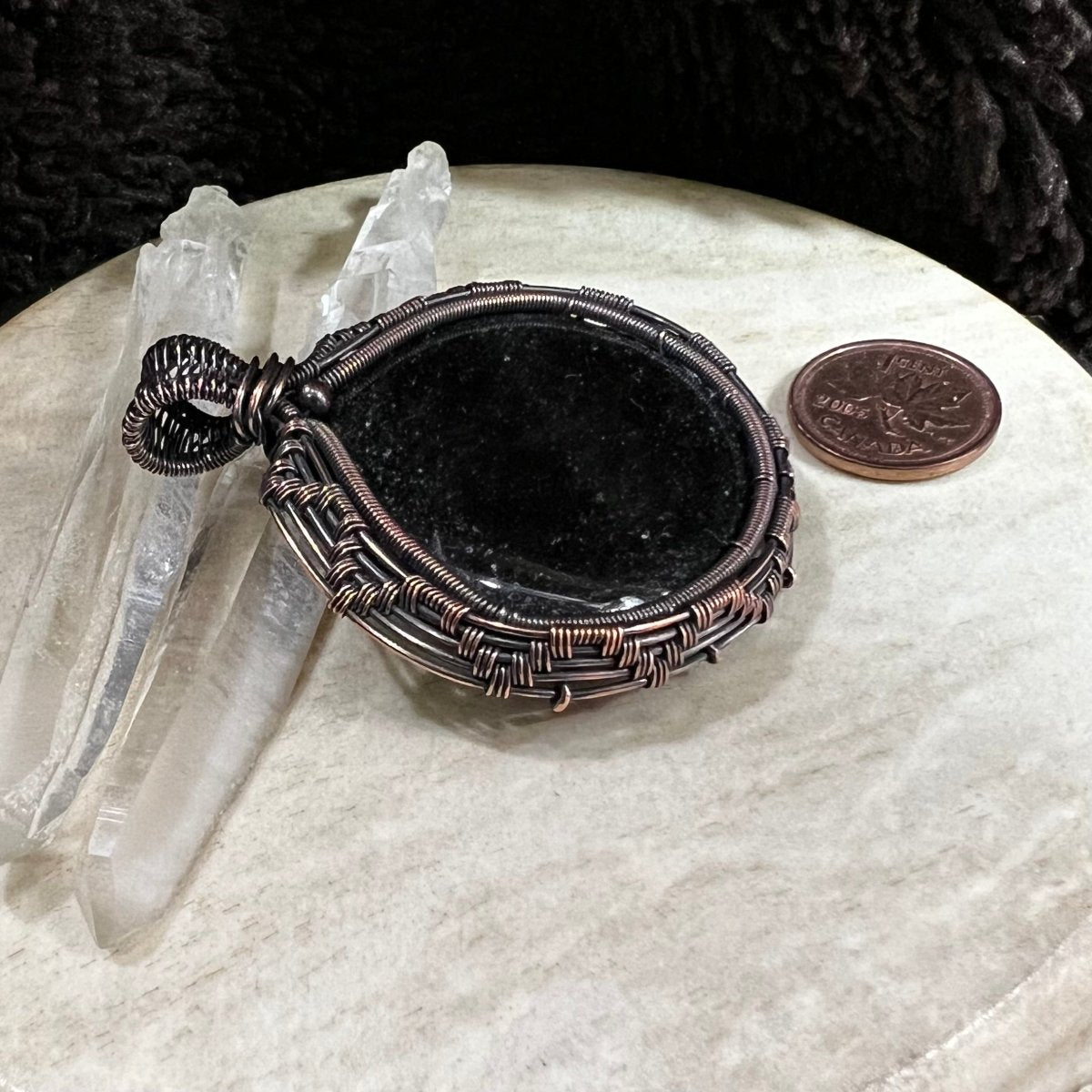 silver sheen obsidian pendant wrapped in patinated copper with reflective black stone, handmade OOAK protection jewelry