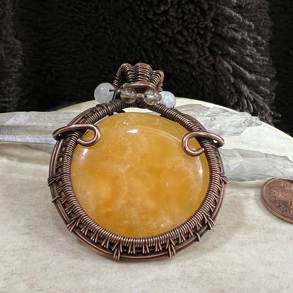 Yellow calcite pendant wrapped in reclaimed copper with citrine and selenite beads, warm golden tones and artisan wire detail