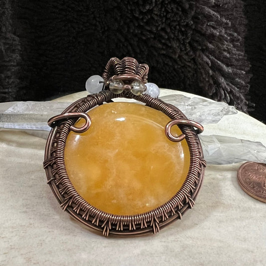 Yellow calcite pendant wrapped in reclaimed copper with citrine and selenite beads, warm golden tones and artisan wire detail