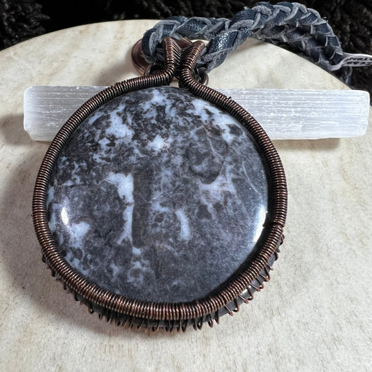 One-of-a-kind Zebra Stone copper pendant highlighting natural varigated stone pattern.