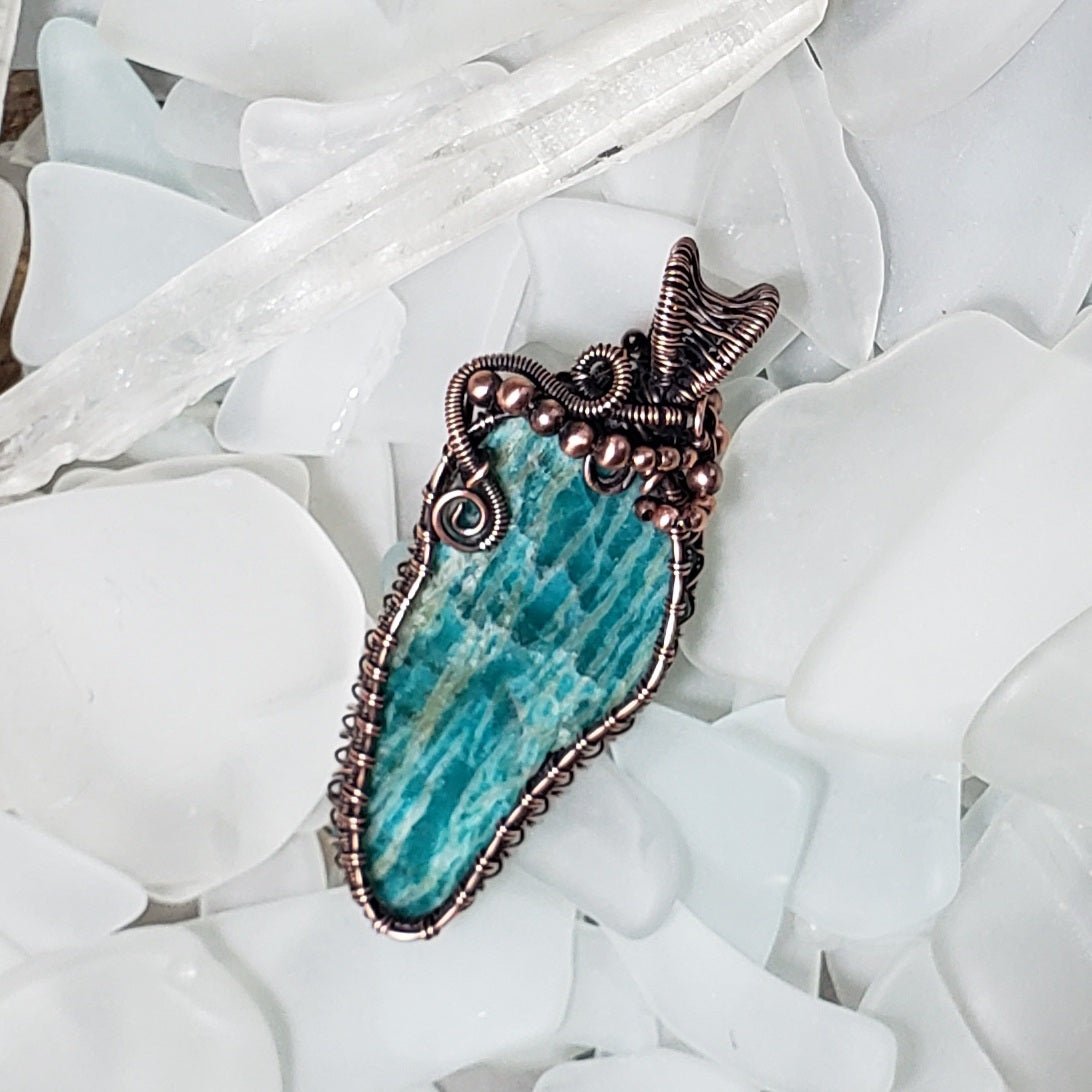 Amazonite and Copper Wire Wrapped Pendant - Mother Of Metal - amazonite - For Her - For Necks-Charms & Pendants