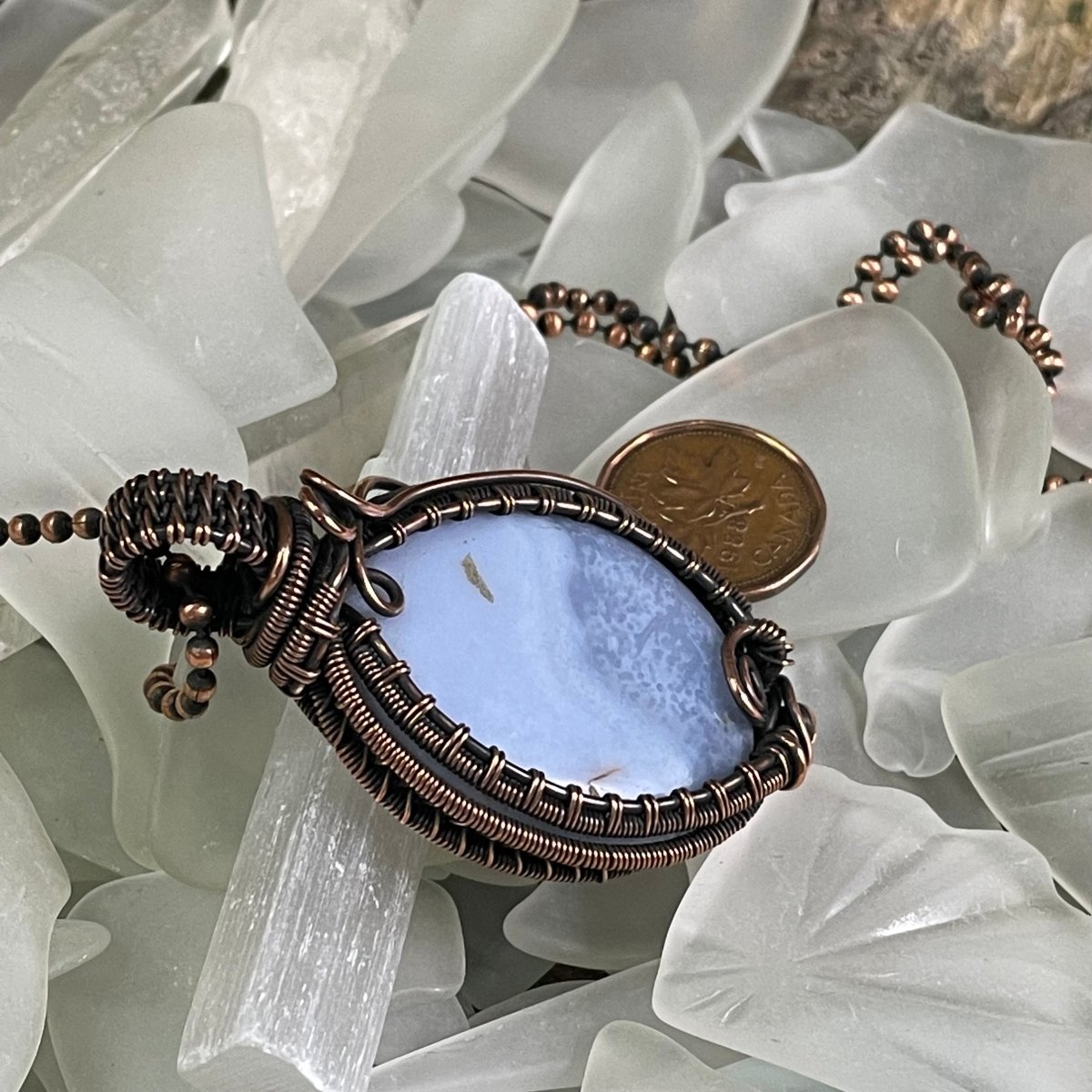 Blue Lace Agate Necklace - Mother Of Metal - Blue Lace Agate - Copper - For Her-Necklaces