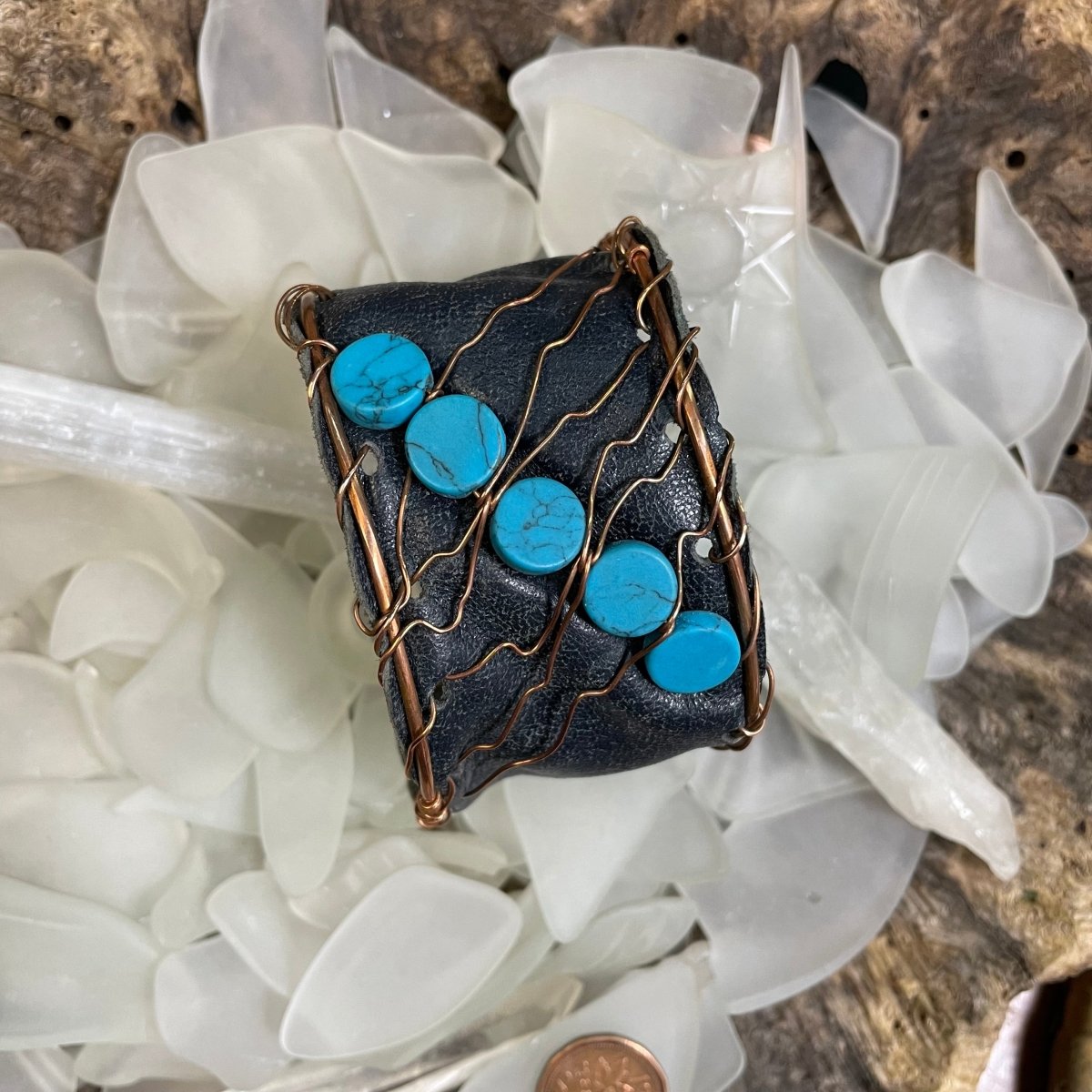 Blue Magnesite Leather and Copper Cuff - Mother Of Metal - Copper - For Her - For Wrists-Bracelets