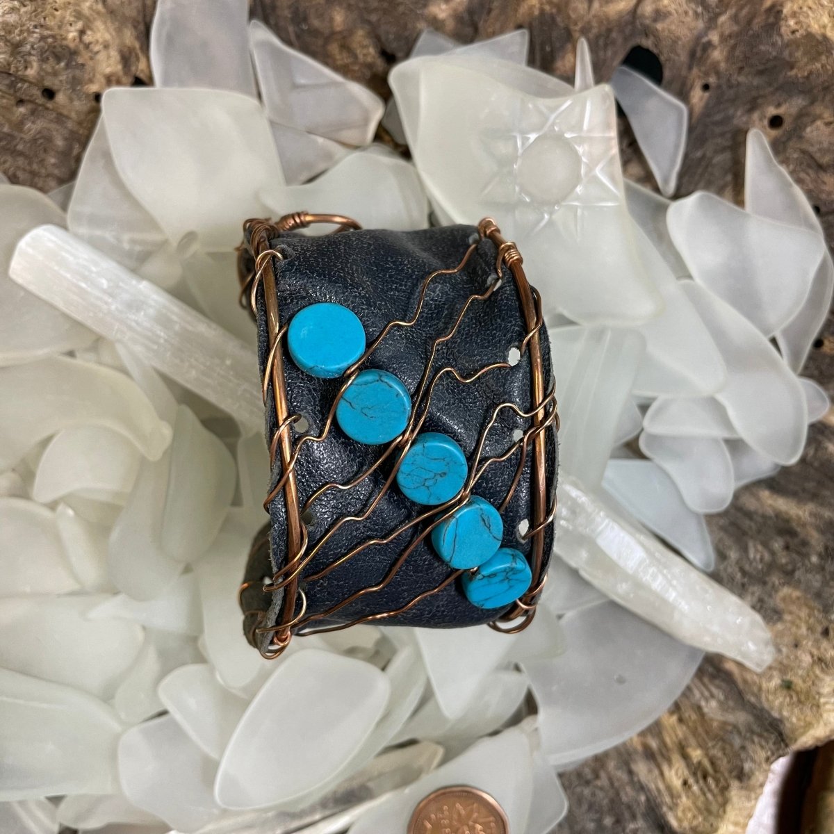 Blue Magnesite Leather and Copper Cuff - Mother Of Metal - Copper - For Her - For Wrists-Bracelets
