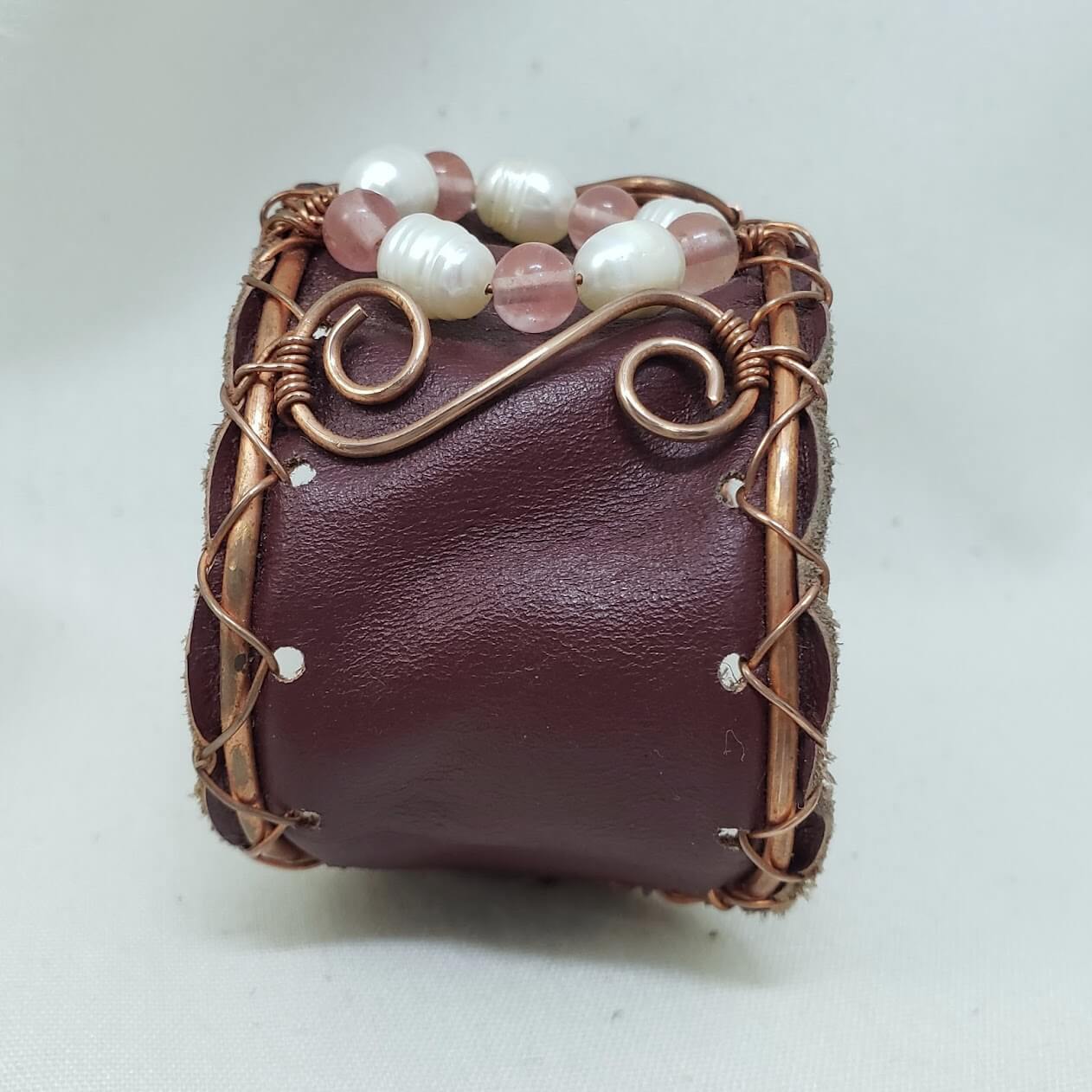 Copper and Leather Cuff Cherry Quartz and Pearl - Mother Of Metal - cherry quartz - For Her - For Wrists-Bracelets
