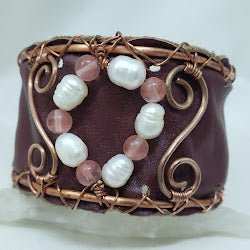 Copper and Leather Cuff Cherry Quartz and Pearl - Mother Of Metal - cherry quartz - For Her - For Wrists-Bracelets