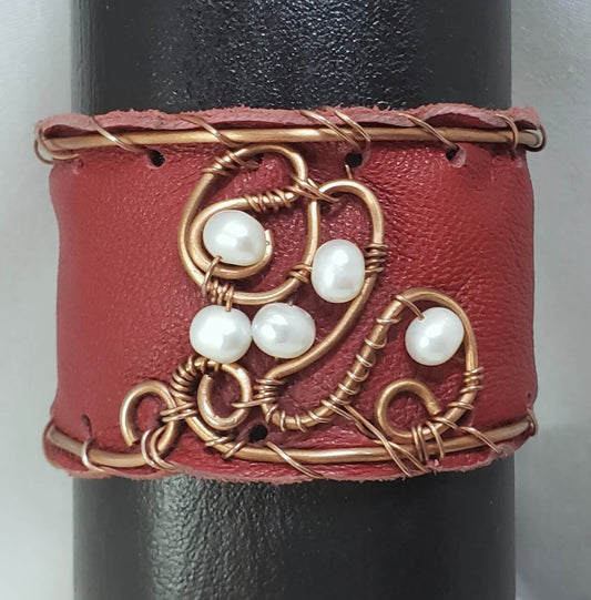 Freshwater Pearl Red Leather Cuff Bracelet - Mother Of Metal - For Her - For Wrists - freshwater pearl-Bracelets