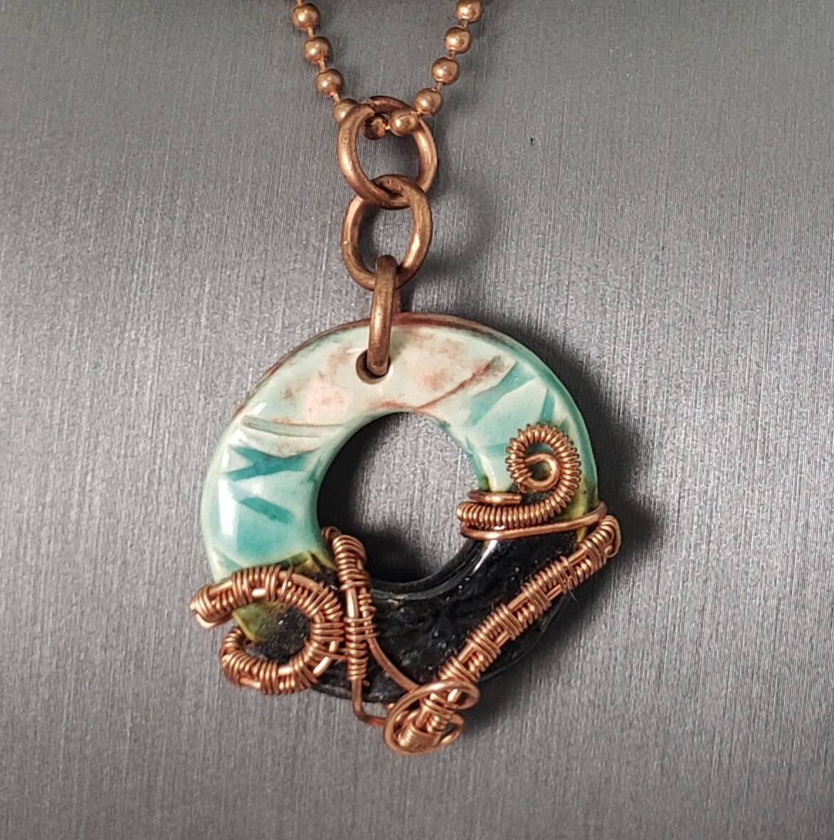 Glazed Pottery Doughnut Copper Woven Pendant - Mother Of Metal - For Her - For Necks - -Necklaces