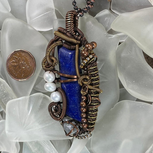 Lapis Lazuli Celestite and Pearl Pendant - Mother Of Metal - brass - Celestite - Copper-Pendants