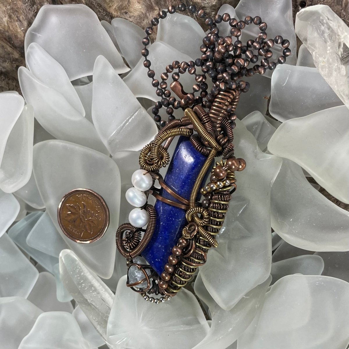 Lapis Lazuli Celestite and Pearl Pendant - Mother Of Metal - brass - Celestite - Copper-Pendants