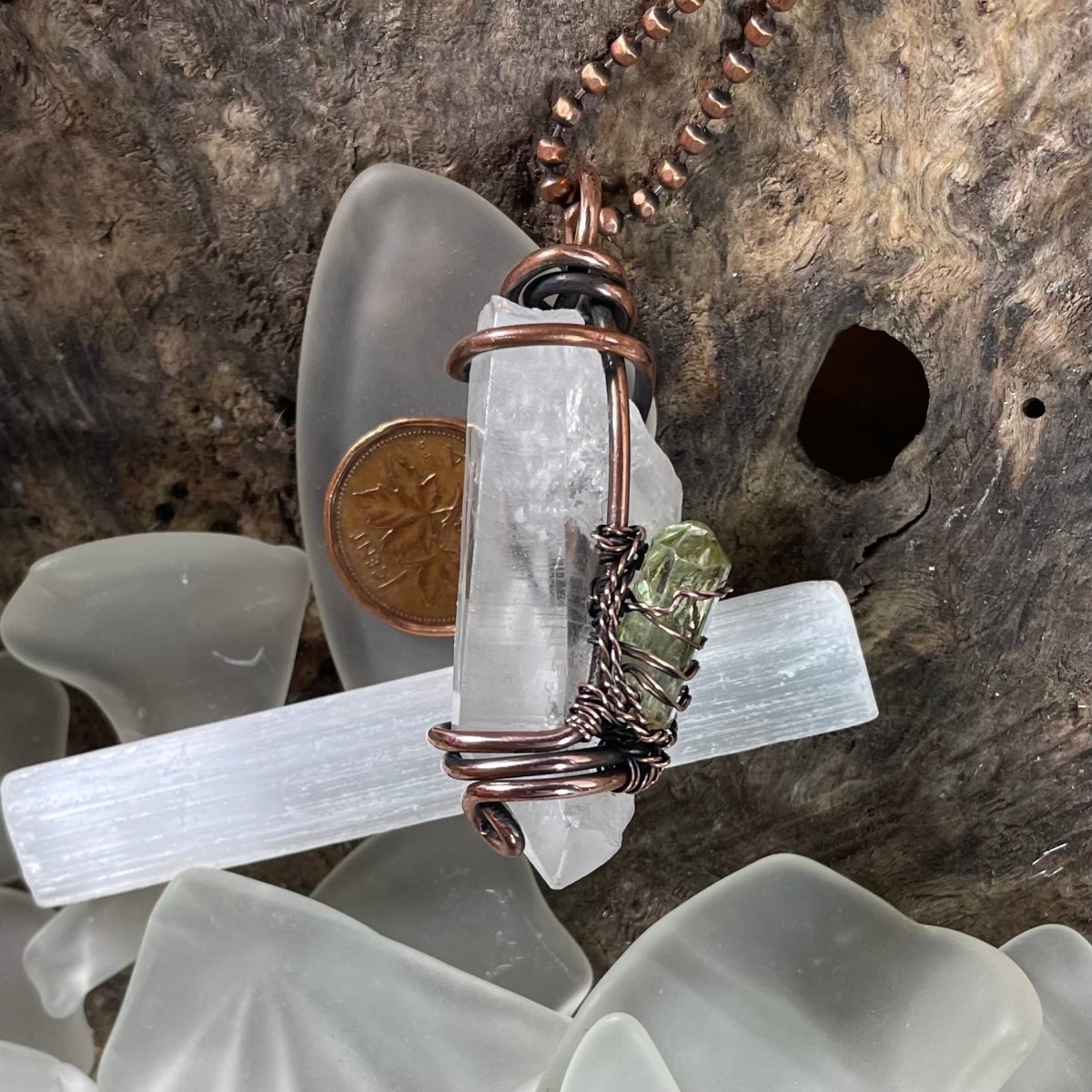 Lemurian Quartz and Green Apatite Pendant - Mother Of Metal - Copper - For Her - For Him-Pendants