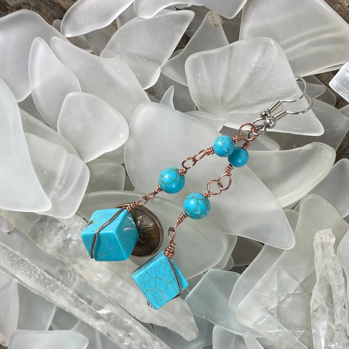 Magnesite and Turquoise Dangle Earrings - Mother Of Metal - Copper - For Ears - For Her-Earrings
