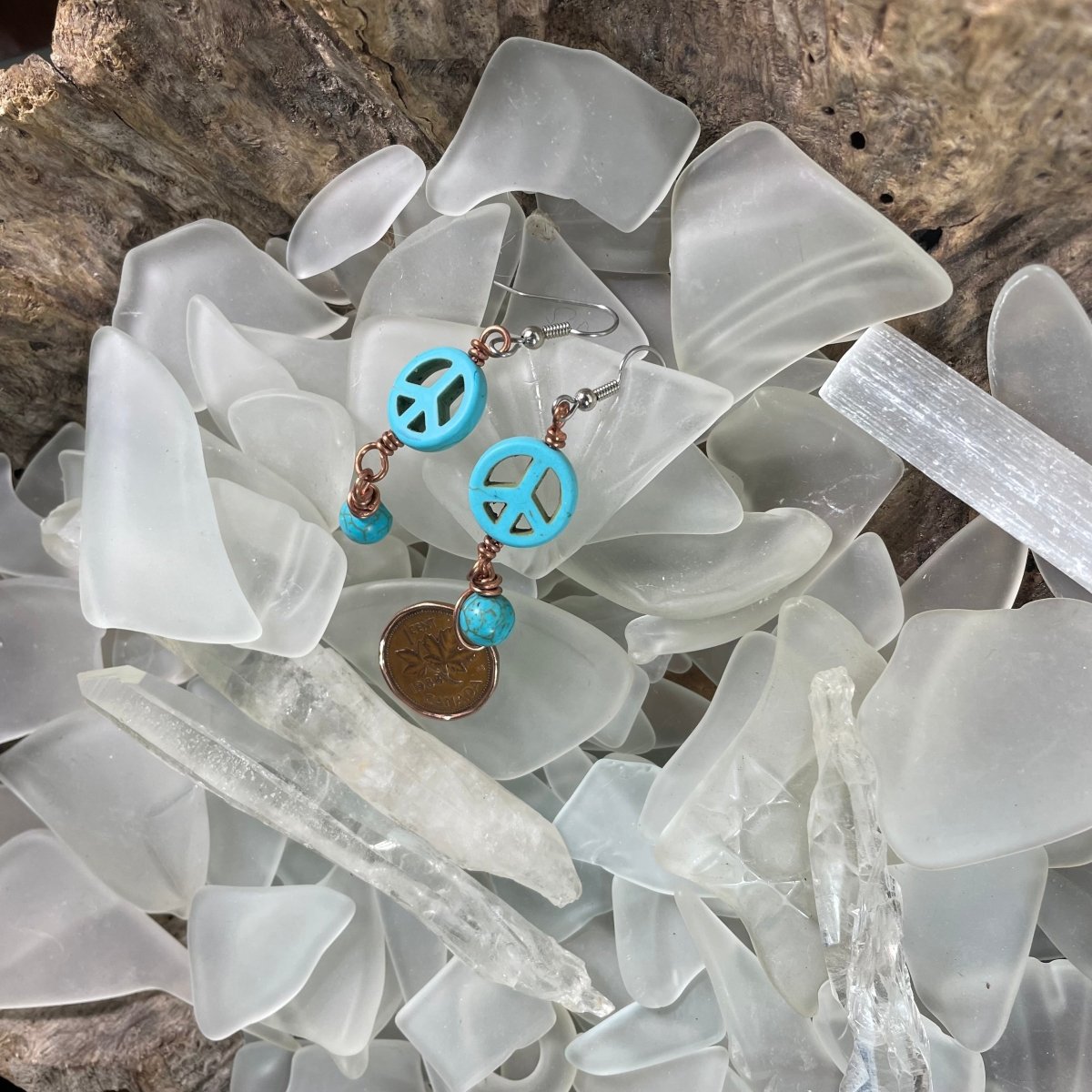 Magnesite and Turquoise Peace Earrings - Mother Of Metal - Copper - For Ears - For Her-Earrings