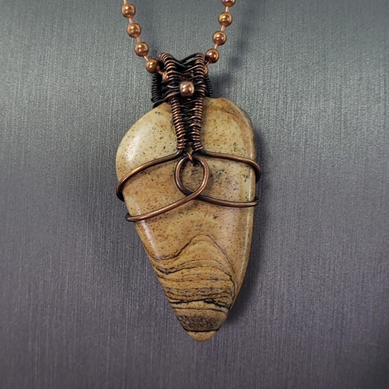 Picture Jasper Copper Wire Wrapped Pendant - Mother Of Metal - For Her - For Him - For Necks-Charms & Pendants