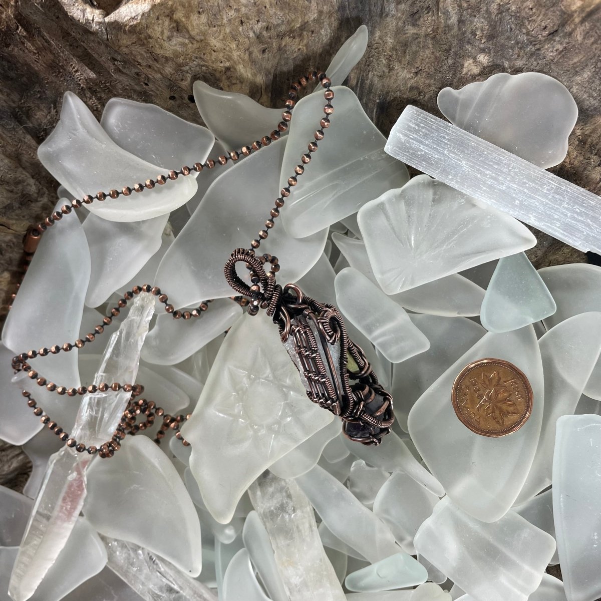 Raw Morganite Amethyst and Serpentine Necklace - Mother Of Metal - amethyst - Copper - copper chain-Necklaces