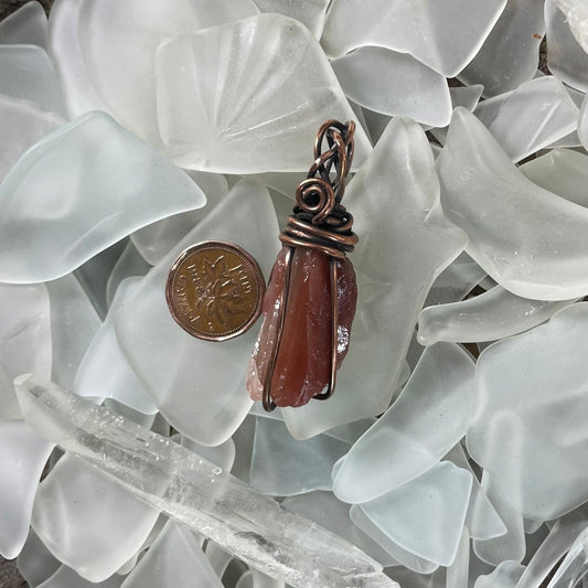 Raw Red Calcite Copper Wrapped Pendant - Mother Of Metal - Copper - For Her - For Him-Pendants