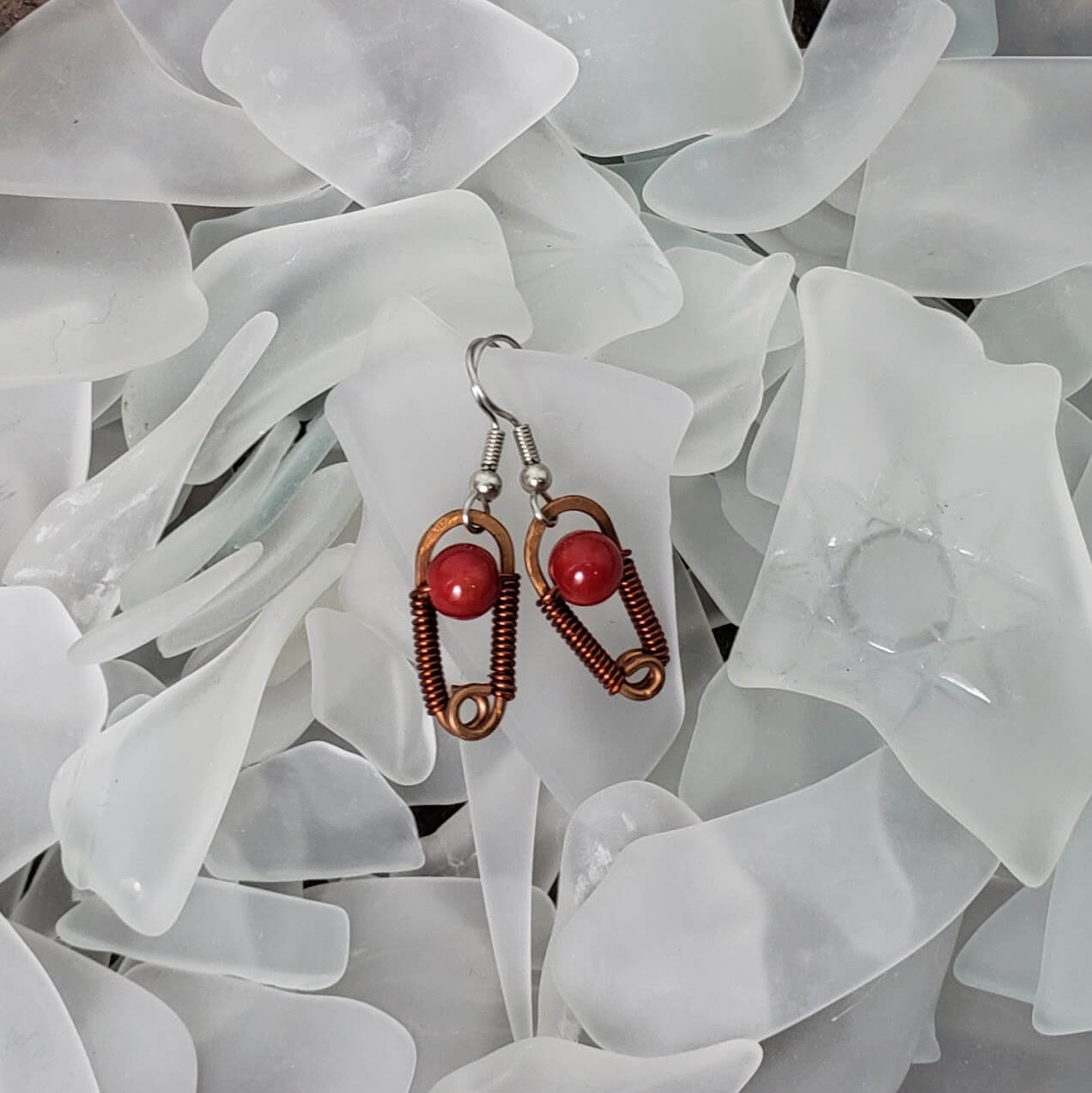 Red Agate and Copper Duo Drop Earrings - Mother Of Metal - agate - For Ears - For Her-Earrings