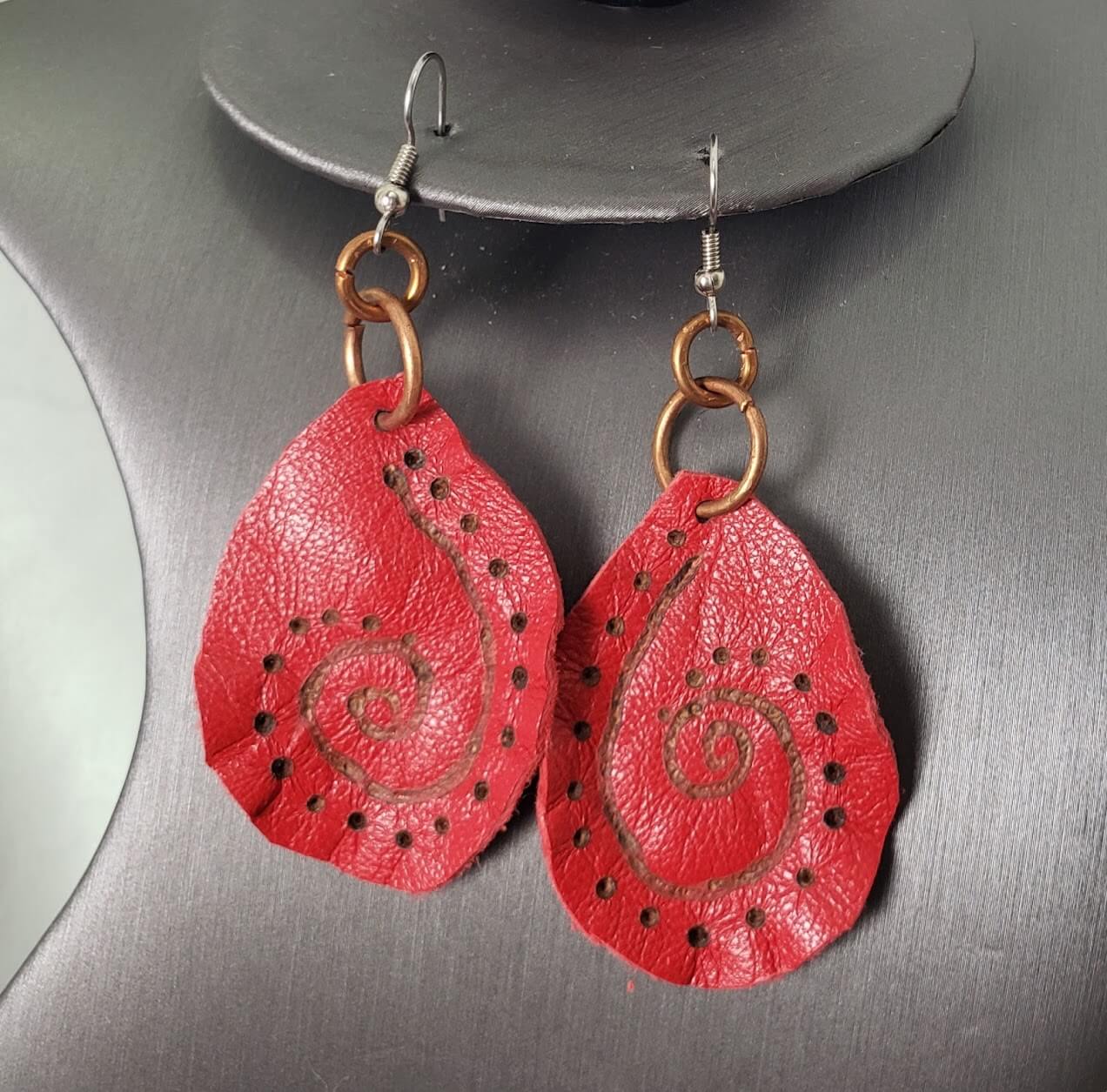 Red Leather Copper Dangles Earrings - Mother Of Metal - For Ears - For Her - -Earrings