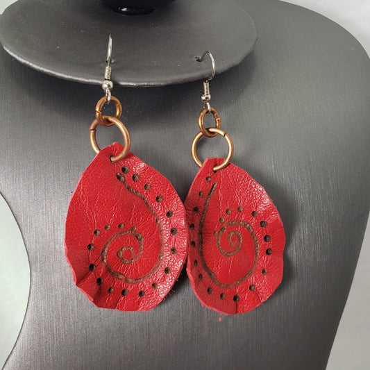 Red Leather Copper Dangles Earrings - Mother Of Metal - For Ears - For Her - -Earrings