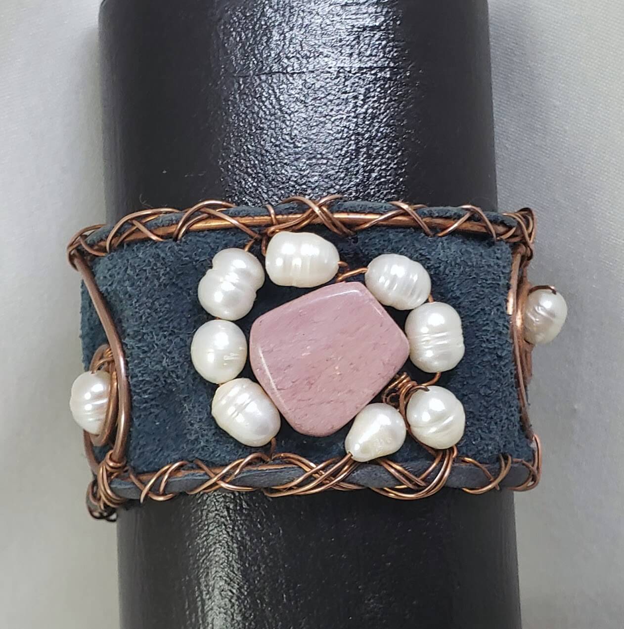 Rhodocrosite and Freshwater Pearl Cuff Bracelet - Mother Of Metal - For Her - For Wrists - freshwater pearl-Bracelets