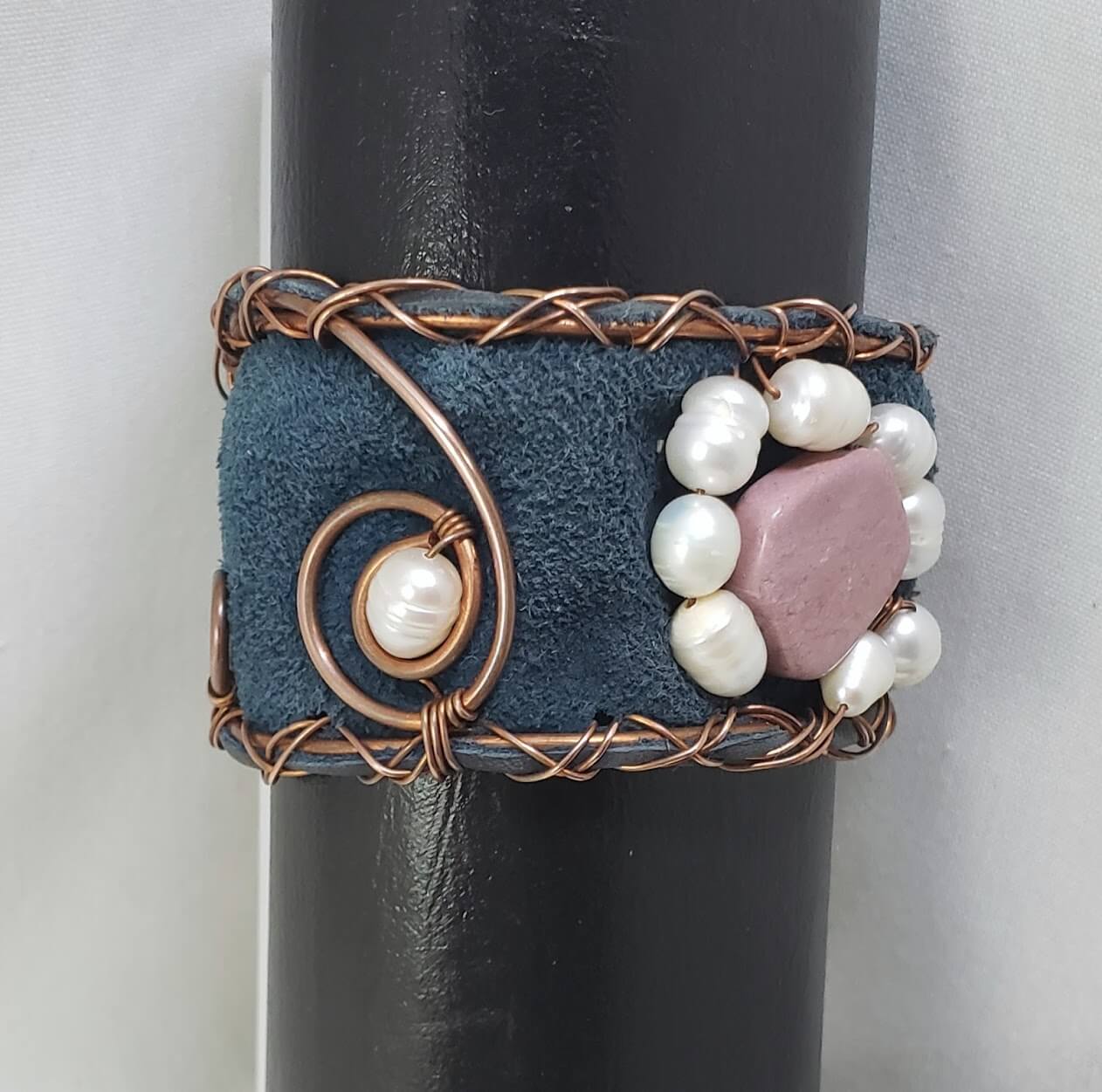 Rhodocrosite and Freshwater Pearl Cuff Bracelet - Mother Of Metal - For Her - For Wrists - freshwater pearl-Bracelets