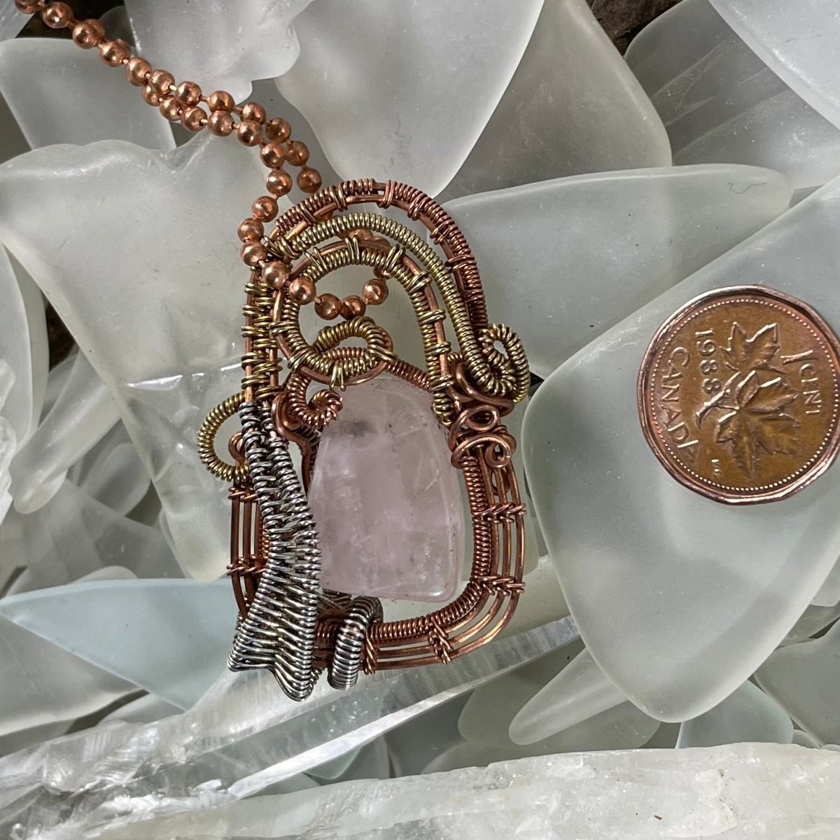 Rose Quartz Tri Metal Wire Woven Pendant - Mother Of Metal - brass - For Her - For Necks-Necklaces